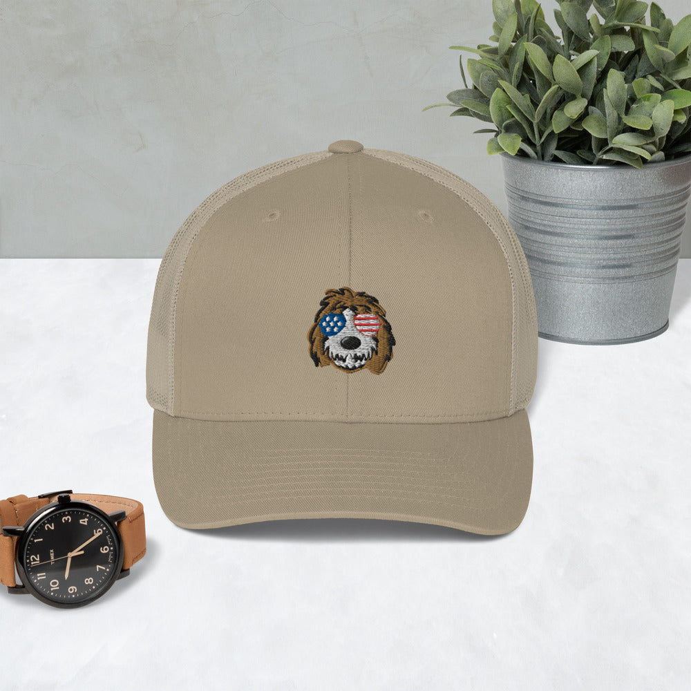 patriotic tuxedo doodle sunglasses trucker hat