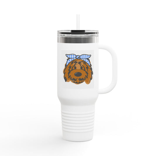 40oz Insulated Travel Mug — Cute Girl Doodle with Blue Gingham Bow, Large Spill‑Resistant Tumbler