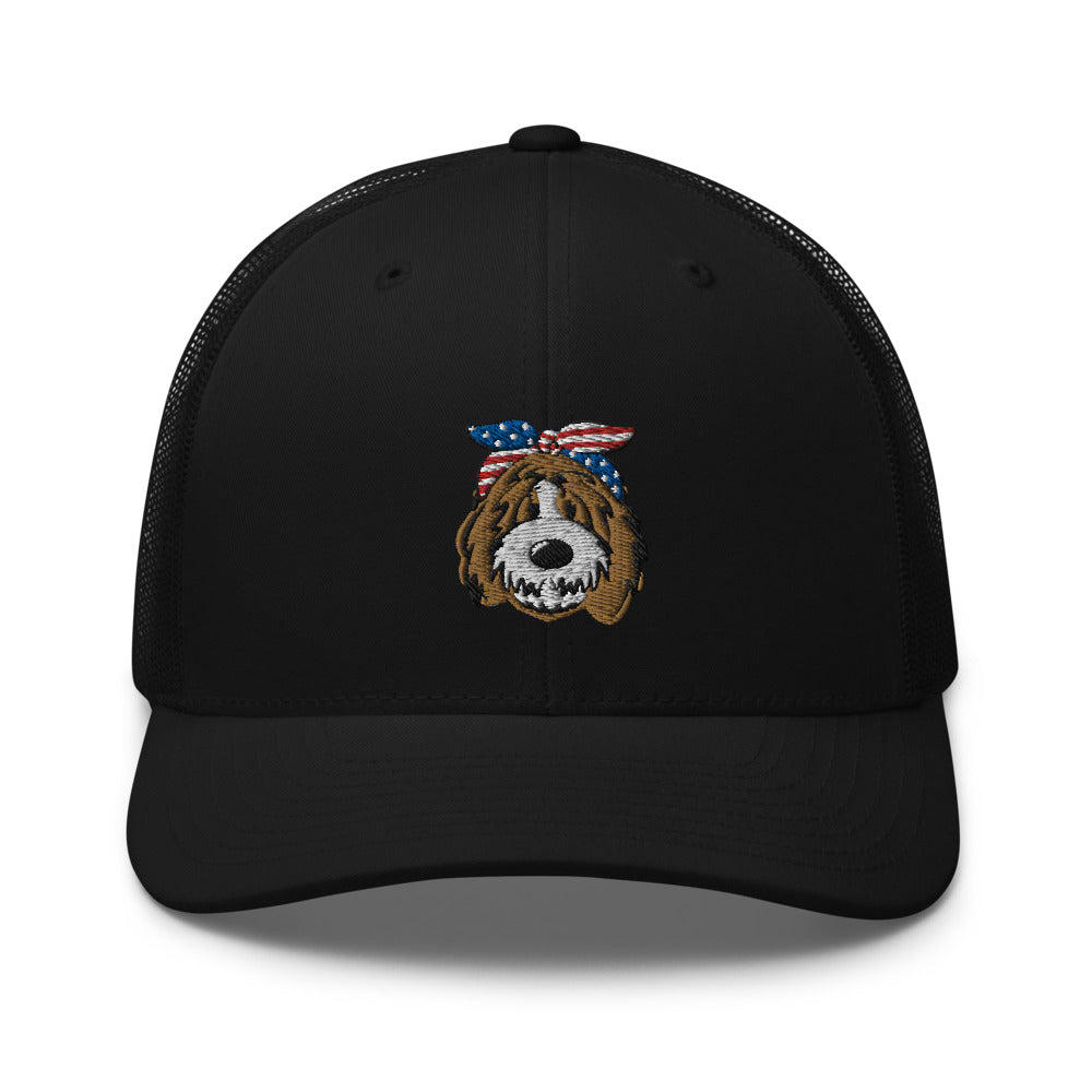 patriotic tuxedo doodle trucker hat
