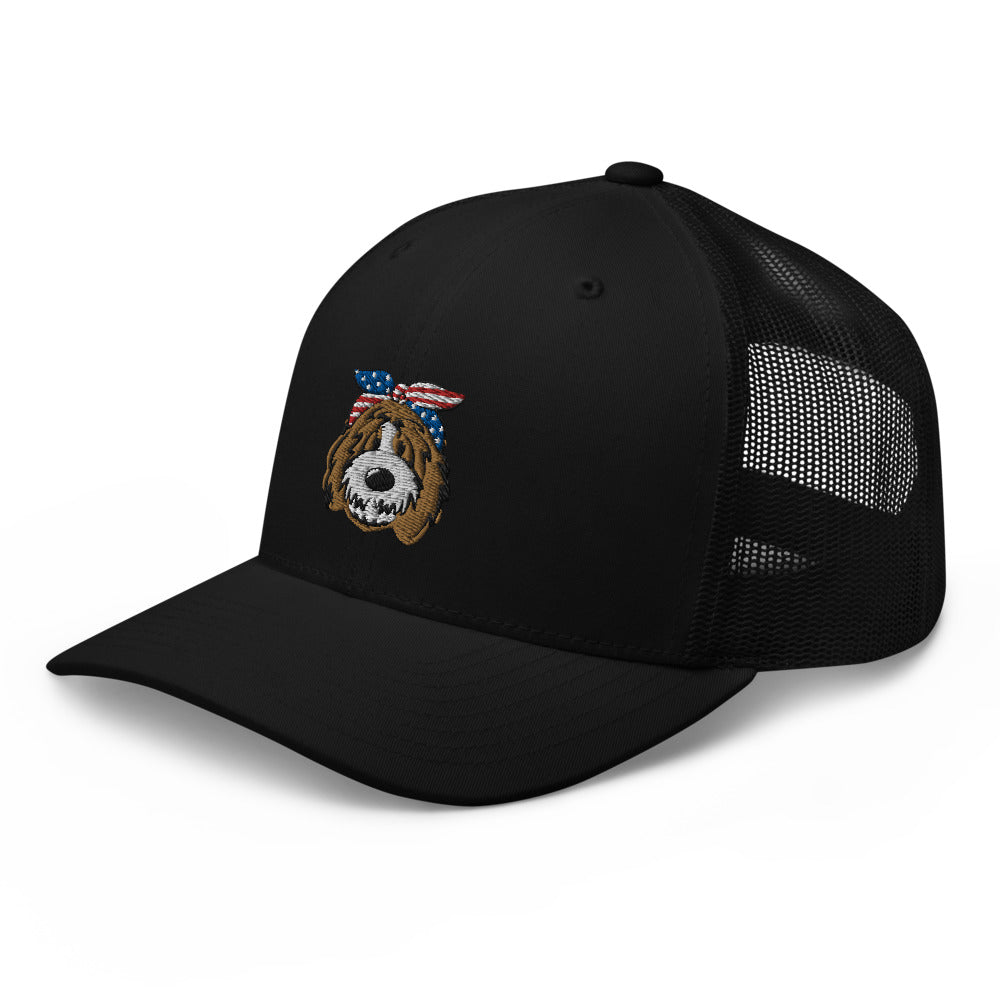patriotic tuxedo doodle trucker hat