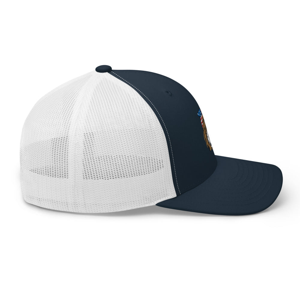 patriotic tuxedo doodle trucker hat