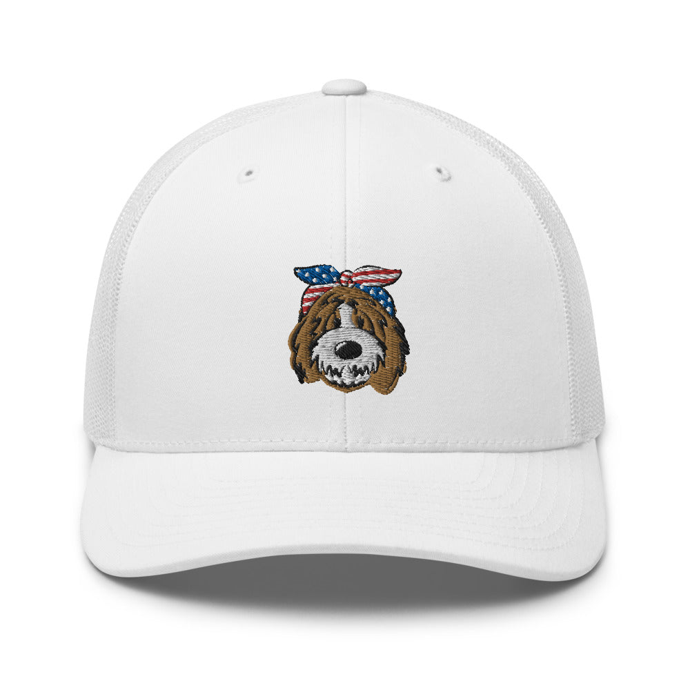 patriotic tuxedo doodle trucker hat