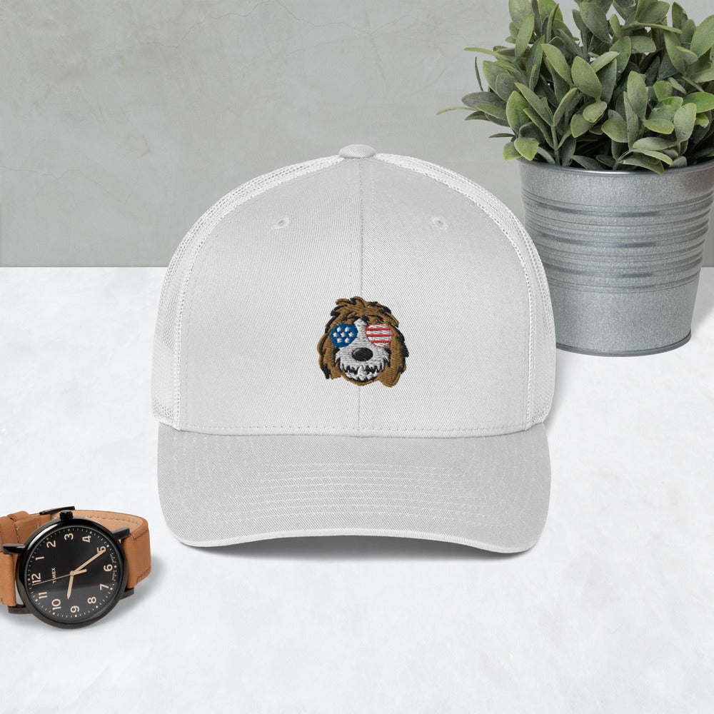 patriotic tuxedo doodle sunglasses trucker hat